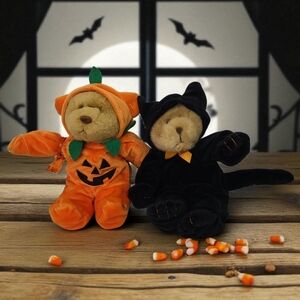 Vintage Pair of Halloween Bears Pumpkin and Cat Costumes Lord & Taylor Plush